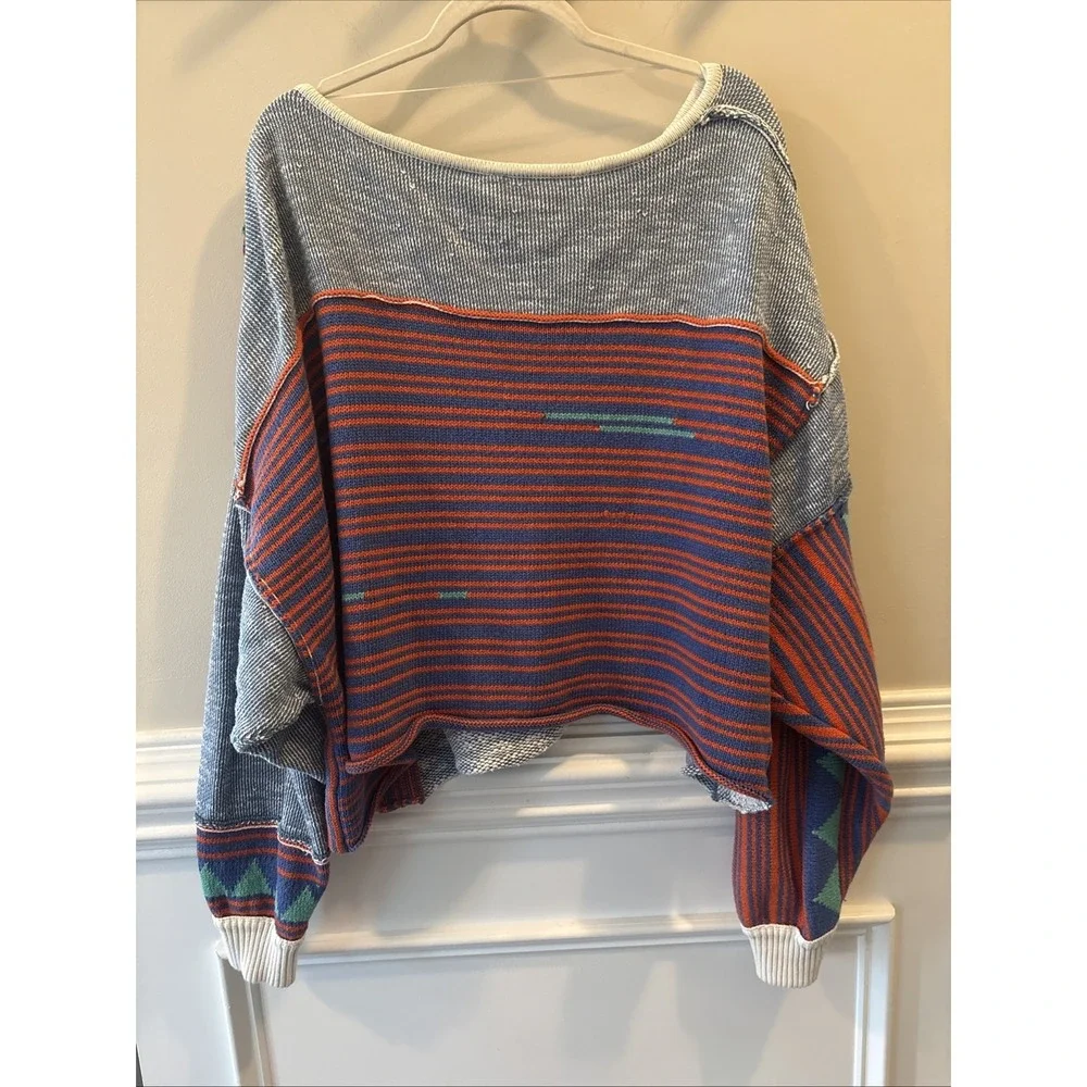Free People Blue Medium, Bohemian, Oversized, Patchwork Sweater